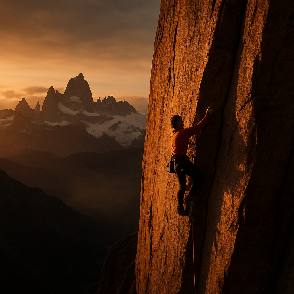 Escalador ascendiendo una pared de granito en la Patagonia argentina