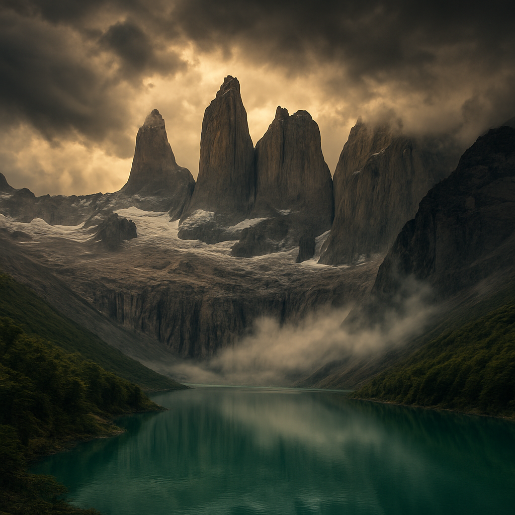 Torres de granito en la Patagonia argentina con lago glacial